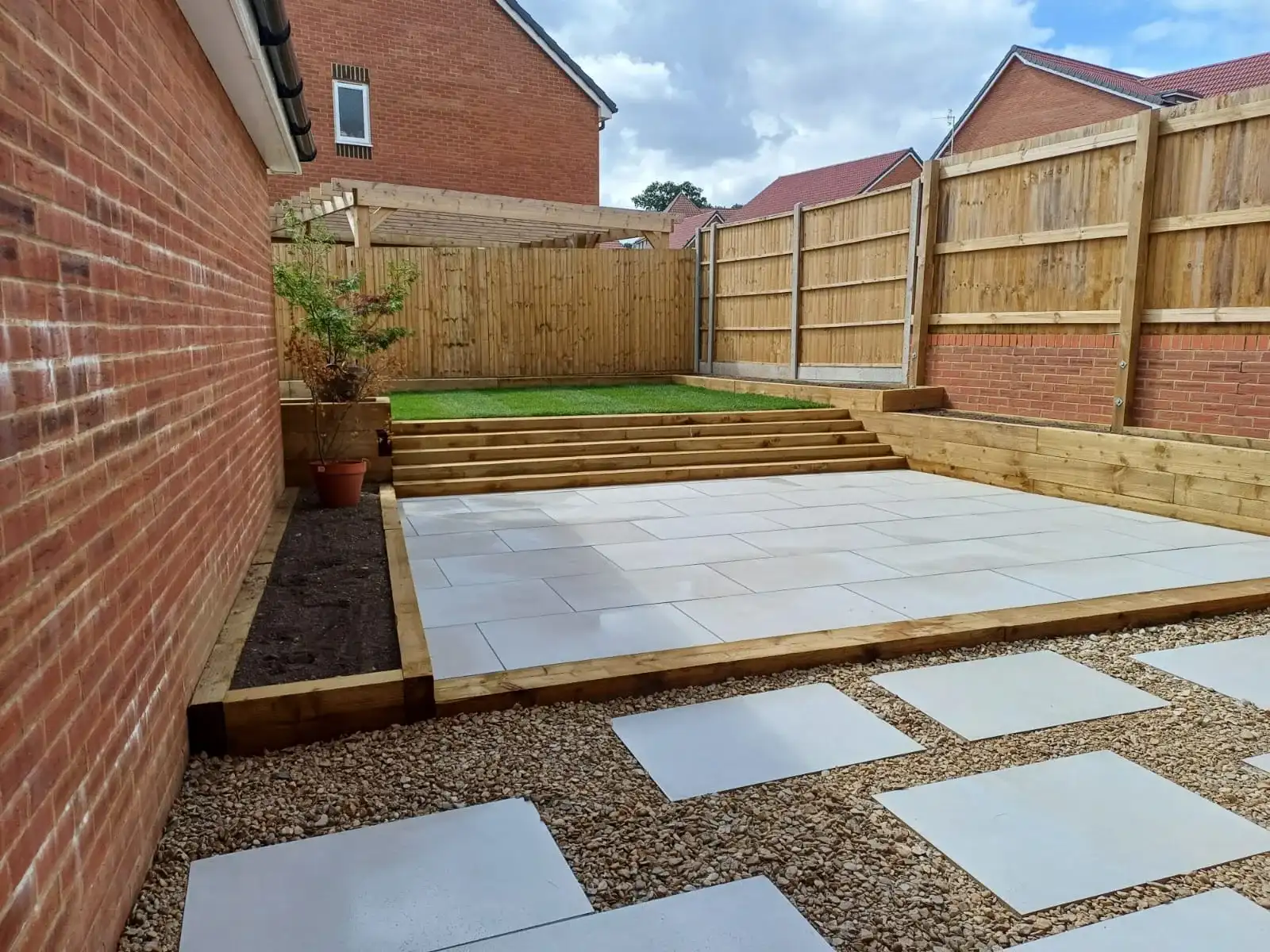 New porcelain patio framed by timber sleeper edging, with gravel and stepping stones in the foreground